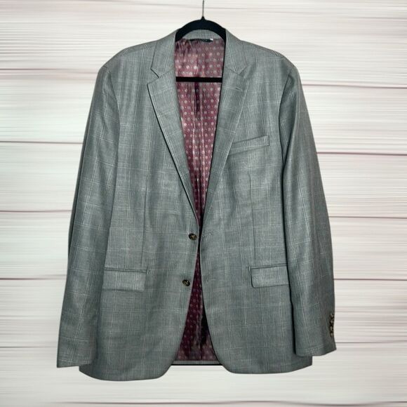 Ralph Lauren Gray Suit Jacket Blazer Gray Plaid Wool Silk Linen Blend 42L - Picture 1 of 16